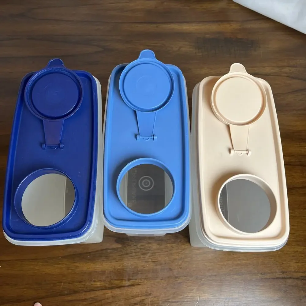 Three 12 Cup Vintage Tupperware Cereal Containers Blue & Cream Kitchen Organizer